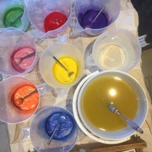 Pre-mixed colourants, oils and a jug of lye water