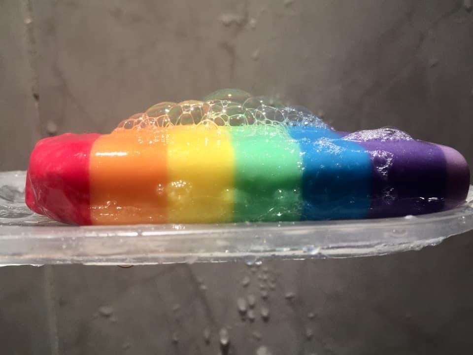 Enfys Rainbow soap on a soap dish