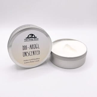 A tin of body cream with a white and cream label