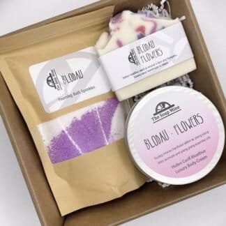 Blodau Gift Collection comprising a soap, some bath sprinkles and a pot of body cream