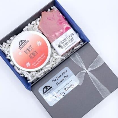 A gift set comprising one tin of Merry Berry body cream and a Merry Berry Soap Bar