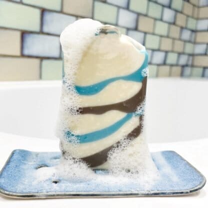 One bar of Silvanus brown and blue soap with bubbles