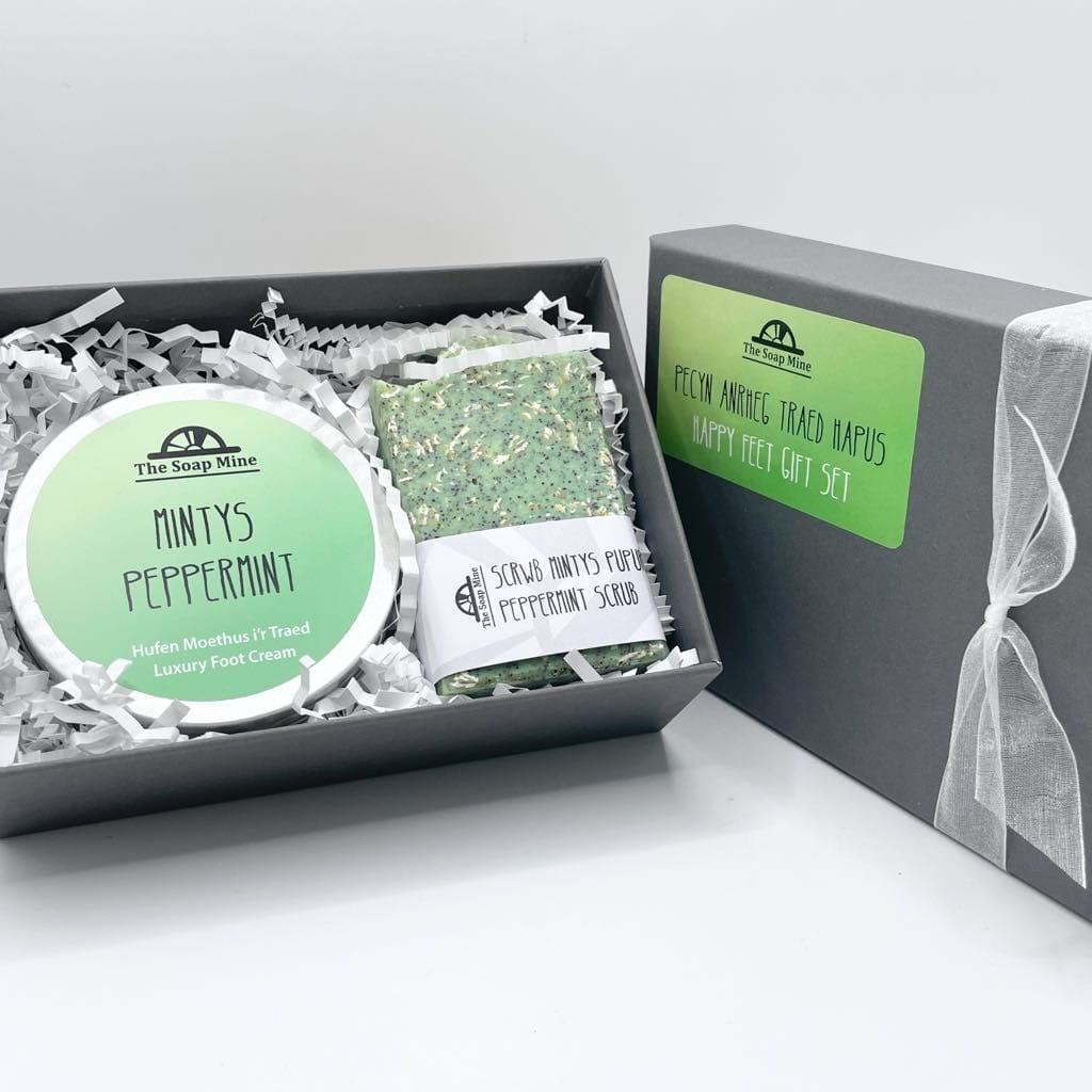 Happy Feet Gift Set - One bar of peppermint scrub soap and a tin of peppermint foot cream in a premium gift box