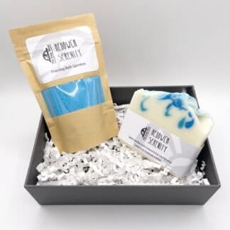 Serenity gift set comprising one bar of Serenity soap and a 100g pack of Foaming Bath Sprinkles